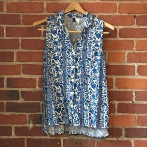 Blue White Paisley Floral Button Down Shell H&M